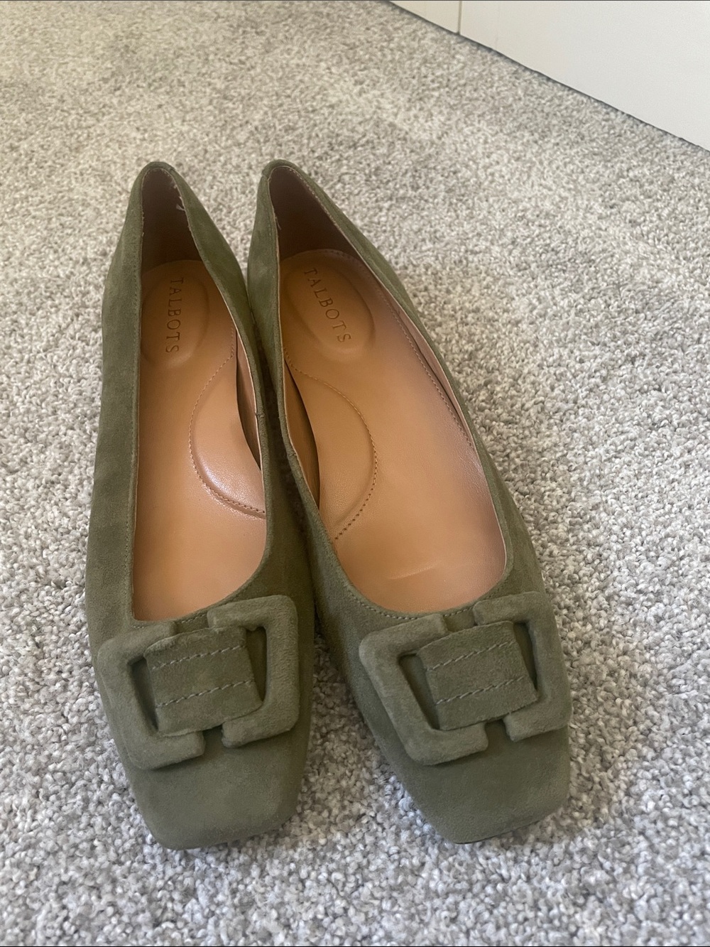 NWOT Talbots Olive Suede Buckle Loafers Sz 8 squared almond toe